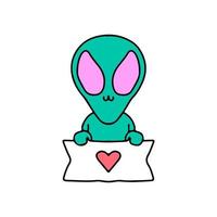 personnage de mascotte extraterrestre mignon tenant un signe d'amour. illustration pour autocollant et t-shirt. vecteur