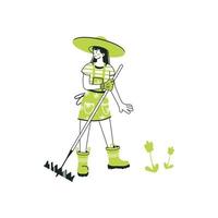 fille travaillant dans le jardin ou la ferme. une jeune femme s'occupe des plantes et des légumes. illustration de dessin à la main en style cartoon. notion de jardinage. vecteur