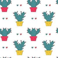 cactus. modèle vectorielle continue avec cactus et coeurs de dessin animé mignon. impression romantique et amoureuse pour papier cadeau, textile. succulentes dans des pots de fleurs souriants. design moderne et tendance. vecteur