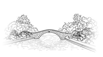 pont dans le parc. vue d'horizon. paysage de jardin de la vieille ville. gravure de fond de nature rétro. illustration vectorielle de dessin au trait artistique. vecteur