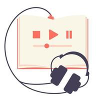 casque et livre isolé sur fond blanc. livre audio, bibliothèque électronique, podcast. concept de livres numériques en ligne. lecture, enseignement à distance, éducation vecteur