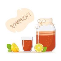 bocal en verre avec boisson de kombucha, verre de thé, citron, feuilles de menthe. inscription kombucha. boisson rafraîchissante d'été aux fruits. champignon de thé probiotique fermenté vecteur