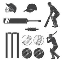 ensemble d'icônes de silhouette d'équipement de cricket. vecteur. l'ensemble comprend une batte, un guichet, une caution, un casque, une balle et des batteurs. icônes d'équipement pour l'activité sportive de cricket. vecteur