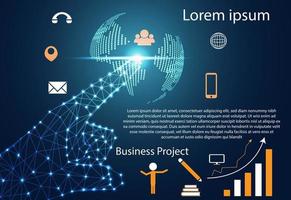 abstrait technologie infographie fond concept main lien numérique carte du monde point, icône d'entreprise monde plat, message et téléphone, ligne graphique sur la croissance de l'entreprise vecteur