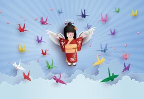 Filles japonaises vêtues de la robe nationale et oiseau origami voler sur le ciel avec clound. vecteur