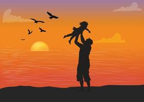 les silhouettes du père et de la petite fille jouent au coucher du soleil vecteur