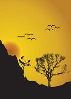 silhouettes d'oiseaux et d'arbres au coucher du soleil vecteur