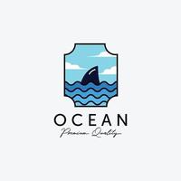 emblème du logo d'art de ligne de requin océanique, conception d'illustration de la marine pacifique, concept de vecteur de littoral d'horizon