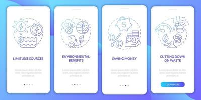 avantages des sources d'énergie renouvelables sur l'écran de la page de l'application mobile d'intégration. procédure pas à pas de la nature instructions graphiques en 4 étapes avec des concepts linéaires. ui, ux, modèle d'interface graphique. une myriade de polices pro-gras régulières utilisées vecteur