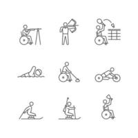 ensemble d'icônes linéaires pour athlètes handicapés. tournois de sports adaptés. personnes handicapées. symboles de contour de ligne fine personnalisables. illustrations vectorielles isolées. trait modifiable vecteur