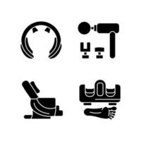 masseurs vibrants icônes de glyphe noir définies sur un espace blanc. chaise de massage. appareils de stimulation du cou et des pieds. soins du corps et loisirs. symboles de silhouettes. illustration vectorielle isolée vecteur