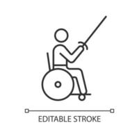 icône linéaire d'escrime en fauteuil roulant. compétition individuelle. discipline du combat à l'épée. sportif handicapé. illustration personnalisable en ligne mince. symbole de contour. dessin de contour isolé de vecteur. trait modifiable vecteur