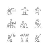 jeu d'icônes linéaires de championnat de sport. disciplines sportives variées. athlètes ayant un handicap physique. symboles de contour de ligne fine personnalisables. illustrations vectorielles isolées. trait modifiable vecteur