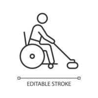 icône linéaire de curling en fauteuil roulant. sport adapté. compétition de jeux d'hiver. sportif en situation de handicap. illustration personnalisable en ligne mince. symbole de contour. dessin de contour isolé de vecteur. trait modifiable vecteur