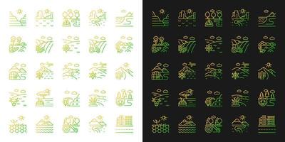 les icônes de gradient de types de terrain sont définies pour les modes sombre et clair. diversité des biomes et des régions. zones climatiques. ensemble de symboles de contour de ligne mince. collection d'illustrations vectorielles isolées en noir et blanc vecteur