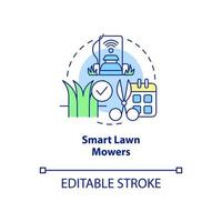 icône de concept de tondeuses à gazon intelligentes. illustration de ligne mince d'idée abstraite d'agriculture intelligente. coupez et coupez l'herbe automatiquement. dessin de contour isolé. trait modifiable. arial, myriade de polices pro-gras utilisées vecteur