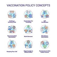 ensemble d'icônes de concept de politique de vaccination. vaccination contre l'idée de coronavirus illustrations en couleur de ligne mince. primes de travail. chèques-cadeaux. dessins de contour isolés de vecteur. trait modifiable vecteur