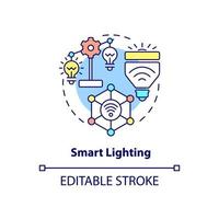 icône de concept d'éclairage intelligent. illustration de la ligne mince de l'idée abstraite de l'appareil domestique intelligent. automatiser les lumières dans la maison. dessin de contour isolé. trait modifiable. arial, myriade de polices pro-gras utilisées vecteur