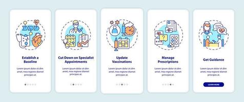 raisons de consulter un médecin chaque année sur l'écran de la page de l'application mobile d'intégration. Procédure de soins de santé Instructions graphiques en 5 étapes avec concepts. modèle vectoriel ui, ux, gui avec illustrations couleur linéaires