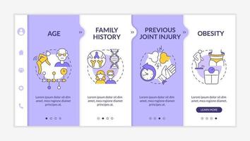 modèle de vecteur d'intégration des facteurs de développement de l'arthrite. site Web mobile réactif avec icônes. page Web pas à pas en 4 étapes. causes du concept de couleur de l'arthrose avec des illustrations linéaires