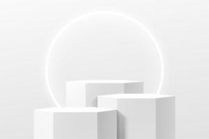 support ou podium hexagone 3d blanc et gris réaliste avec lampe néon à anneau lumineux. scène minimale pour la vitrine des produits, l'affichage de la promotion. conception de plate-forme de salle de studio abstraite de vecteur