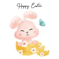 joyeuses pâques mignon bébé lapin rose en oeuf de pâques jaune avec buterfly, vecteur aquarelle de dessin animé