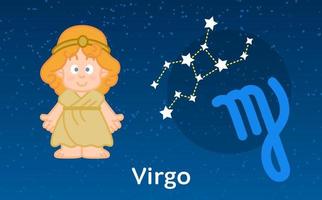 astrologie de dessin animé mignon du zodiaque de la vierge avec le signe des constellations. illustration vectorielle sur le fond du ciel étoilé vecteur