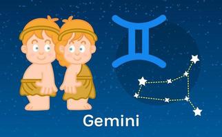 astrologie de dessin animé mignon du zodiaque des Gémeaux avec le signe des constellations. illustration vectorielle sur le fond du ciel étoilé vecteur