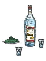 alcool de vodka dans une bouteille et des verres avec une collation vecteur