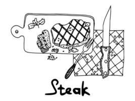 steak de viande sur doodle de planche de bois. illustration vecteur