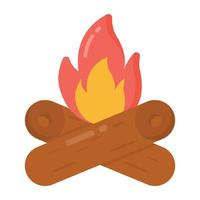 bois avec flamme indiquant l'icône plate du feu de joie vecteur