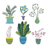 plantes d'intérieur abstraites et pots de fleurs en style cartoon. ensemble dessiné à la main isolé sur fond blanc. illustration vectorielle vecteur