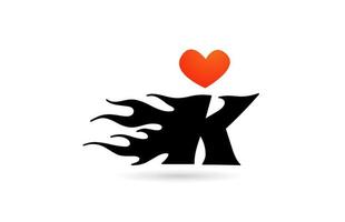 k icône de conception de logo lettre alphabet. modèle créatif pour les entreprises avec des flammes de coeur d'amour vecteur