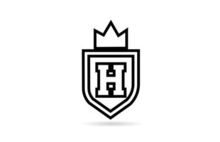 logo d'icône de lettre d'alphabet h noir et blanc avec conception de ligne de couronne de bouclier et de roi. modèle créatif pour les entreprises et les entreprises vecteur