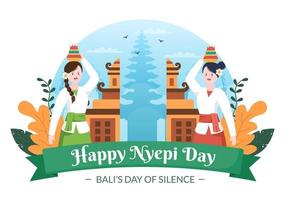 joyeux jour de nyepi ou silence de bali pour les cérémonies hindoues à bali avec galungan, kuningan et ngembak geni en arrière-plan de l'illustration du temple vecteur