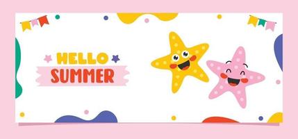 bannière d'été plate avec des étoiles de mer de dessin animé