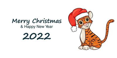 bannière du nouvel an avec l'image du tigre en chapeau de père noël rouge. le symbole du nouvel an chinois. joyeux Noel et bonne année. style de dessin animé illustration vectorielle vecteur