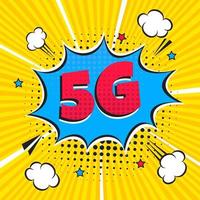 5g nouvelle connexion wifi internet sans fil style bande dessinée bulle d'exclamation texte 5g plat style design illustration vectorielle isolée sur fond de rayons. nouvelle icône de signe internet mobile 5g dans le ballon. vecteur