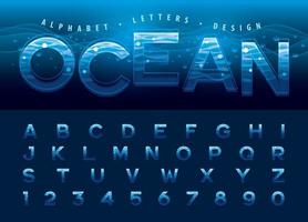 polices de lettres modernes de lignes d'ondulation de l'eau, lettres et chiffres de l'alphabet de ligne de vague océanique. vecteur