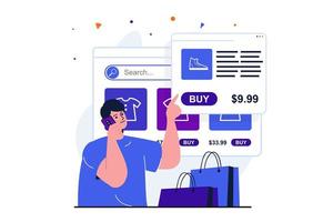 concept plat moderne de commerce mobile pour la conception de bannières web. l'homme choisit des marchandises dans la boutique en ligne et appelle le support client pour consultation et commande. illustration vectorielle avec scène de personnes isolées vecteur