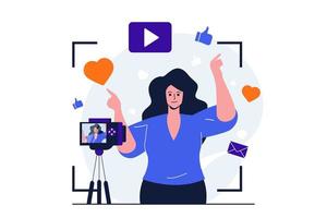 concept plat moderne de blogging vidéo pour la conception de bannières web. la femme enregistre le contenu vidéo sur la caméra. le blogueur communique en direct avec ses abonnés. illustration vectorielle avec scène de personnes isolées vecteur