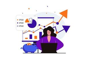 planification du concept plat moderne de budget financier pour la conception de bannières web. la femme analyse les statistiques, développe une stratégie financière, investit de l'argent, tient des livres. illustration vectorielle avec scène de personnes isolées vecteur