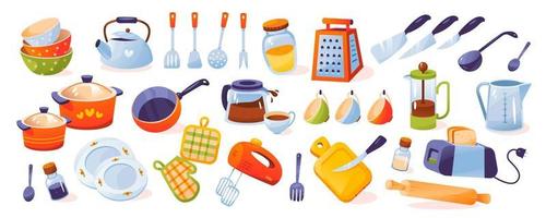 outils de cuisine. ustensiles de cuisine, bouilloire, assiettes, casserole, poêle à frire, cafetière, cuillères, fourchette, mug, mixeur, grille-pain. illustration vectorielle de dessin animé vecteur