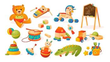 un ensemble de jouets pour enfants. peluches et jouets en bois. ours en peluche, cubes, poney, tambour, balle, voiture en bois, tableau noir, seau pour enfants avec pelles, xylophone pour enfants. illustration de vecteur de dessin animé isolé