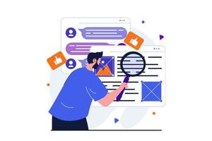 concept plat moderne de gestionnaire de contenu pour la conception de bannières web. l'homme crée la mise en page du site, étudie les commentaires des abonnés, développe et organise la maquette de la page. illustration vectorielle avec scène de personnes isolées vecteur