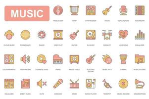 jeu d'icônes de ligne simple de concept de musique. pack pictogrammes de synthétiseur, violon, accordéon, onde sonore, guitare, batterie, chanson, piano, karaoké et autres. éléments vectoriels pour l'application mobile et la conception web vecteur