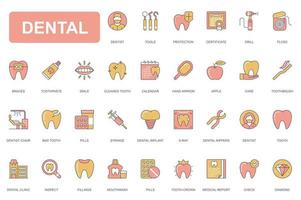 ensemble d'icônes de ligne simple de concept dentaire. emballer les pictogrammes de brosse à dents, sourire, calendrier, miroir, implant, dent, dentiste inspecter, soins et autres. éléments vectoriels pour l'application mobile et la conception web vecteur