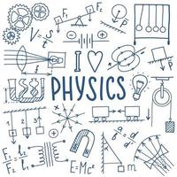 jeu d'icônes de symboles physiques. conception de doodle de sujet scientifique. concept d'éducation et d'étude. retour à l'arrière-plan fragmentaire de l'école pour cahier, pas de bloc-notes, carnet de croquis. vecteur