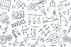 symboles de physique doodle modèle sans couture. conception de modèle de couverture de sujet scientifique. concept d'étude de l'éducation. retour à l'arrière-plan fragmentaire de l'école pour cahier, pas de bloc-notes, carnet de croquis. vecteur