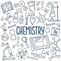 jeu d'icônes de symboles de chimie. conception de doodle de sujet scientifique. concept d'éducation et d'étude. retour à l'arrière-plan fragmentaire de l'école pour cahier, pas de bloc-notes, carnet de croquis. vecteur